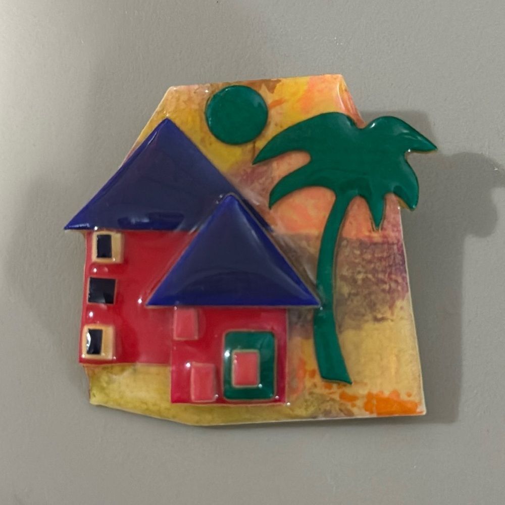 Vintage House Pins by Lucinda Hand Crafted House w/Palm Tree Scene Brooch Pin